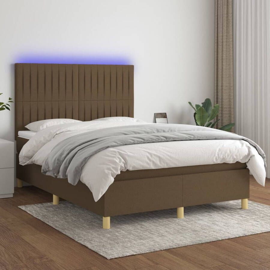 The Living Store Bed Boxspring donkerbruin 203x144x118 128 cm LED-verlichting en pocketvering matras