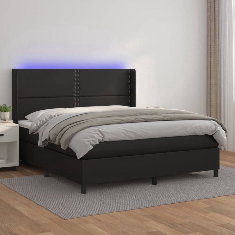 The Living Store Boxspring met matras en LED kunstleer zwart 160x200 cm Boxspring Bed Frame Leder Look Led Verlichting King Size Bed