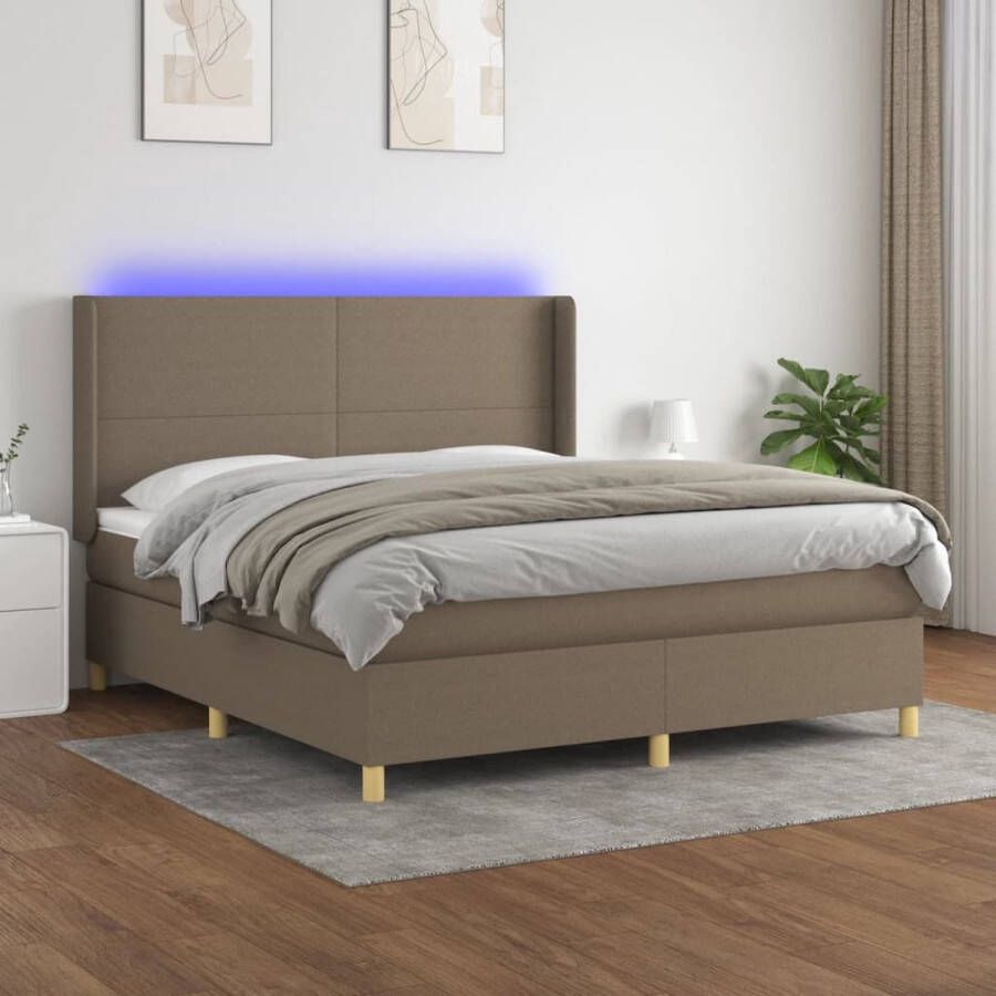 The Living Store Bed Boxspring LED Pocketvering Matras Huidvriendelijk Topmatras 203 x 183 x 118 128 cm Taupe Wit 180 x 200 cm 5 cm 55 cm LED