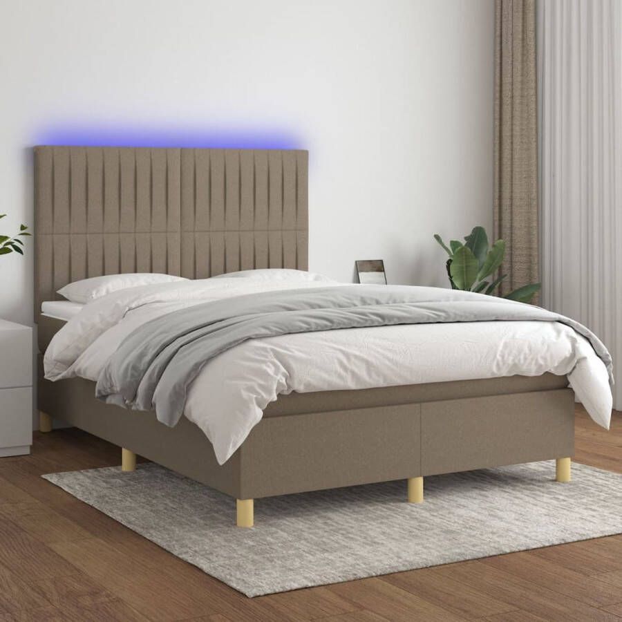 The Living Store Bed Boxspring Taupe 193x144x118 128 cm Verstelbaar hoofdbord LED-verlichting Pocketvering matras Huidvriendelijk topmatras