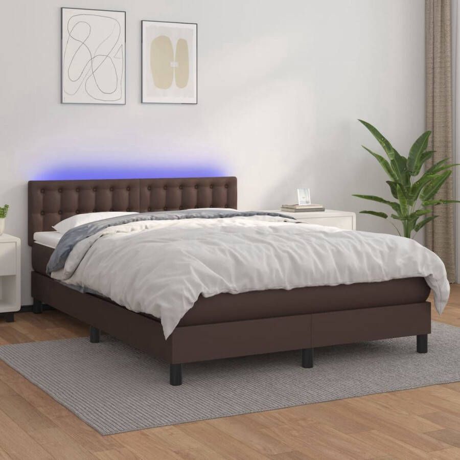 The Living Store Bed Bruin Kunstleer Boxspring 140x200 Met LED