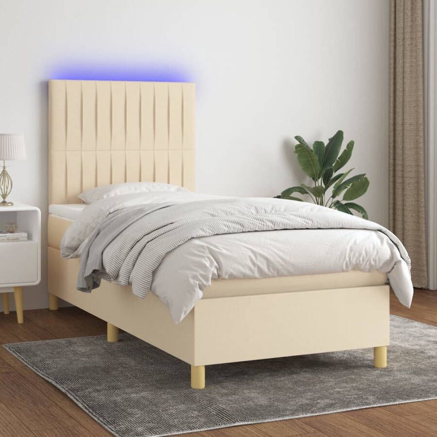 The Living Store Bed Crème LED 193x90x118cm Duurzaam Verstelbaar hoofdbord Pocketvering matras Huidvriendelijk topmatras Inclusief LED-strip Boxspring Led Lamp Creme Kleurig Pocketed Veren Matras Tweepersoons Bed