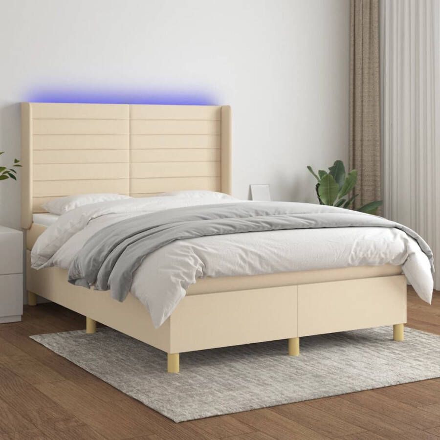 The Living Store Bed Crème Stof 203x147x118 128 cm Verstelbaar hoofdbord LED-verlichting Pocketvering matras Huidvriendelijk topmatras Montagehandleiding Boxspring Bed Frame Led Lamp Creme Kleurig Pocketed Spring Mattress