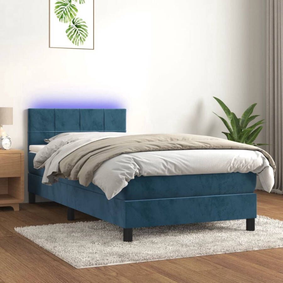The Living Store Boxspring met matras en LED fluweel donkerblauw 80x200 cm Boxspring Donkere Kleuren Led Lamp Velvet Bed Tweepersoonsbed