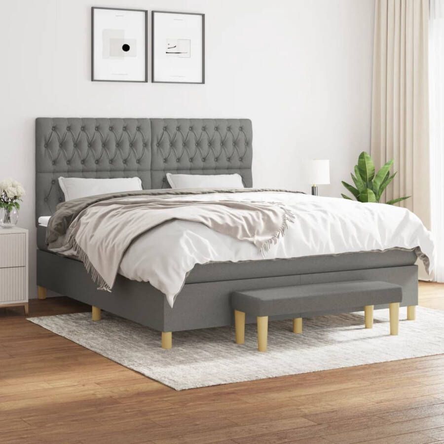 The Living Store Bed Donkergrijs 203 x 180 x 118 128 cm Pocketvering Matras Middelharde Ondersteuning Huidvriendelijk Topmatras Multifunctioneel Bankje Boxspringbed Donkere Kleuren Tweepersoonsbed Pocketveermatras Middenhard - Foto 2