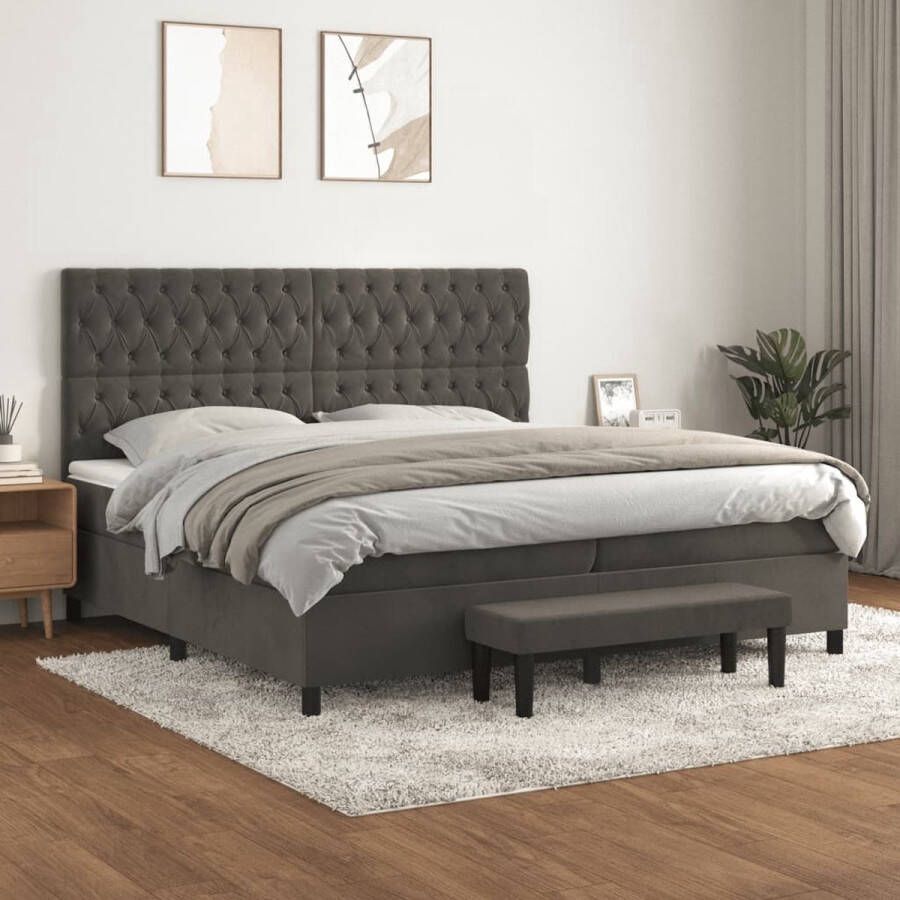 The Living Store Bed Donkergrijs 203x200x118 128 cm Fluweel Pocketvering Middelharde ondersteuning Huidvriendelijk topmatras + Bankje Boxspring Tweepersoonsbed Donkere Kleuren Velvet Pocketed Spring Mattress