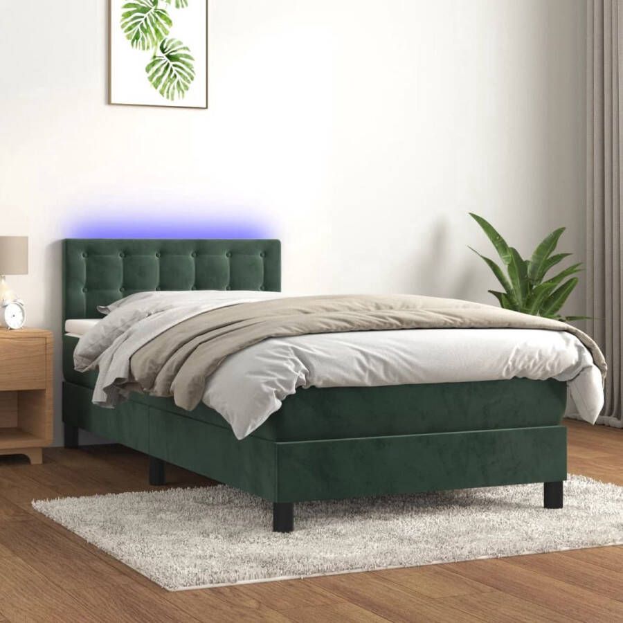 The Living Store Boxspring met matras en LED fluweel donkergroen 100x200 cm Boxspring Fluweel Bed Donkere Kleuren Bed Led Bed King Size Bed