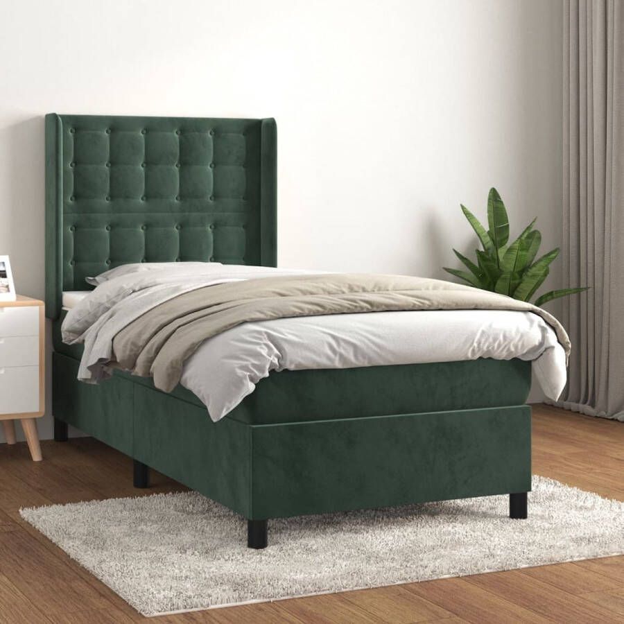 The Living Store Boxspring met matras fluweel donkergroen 100x200 cm Boxspringbed Fluweel Bed Donkere Groene Bed Tweepersoons Bed King Size Bed