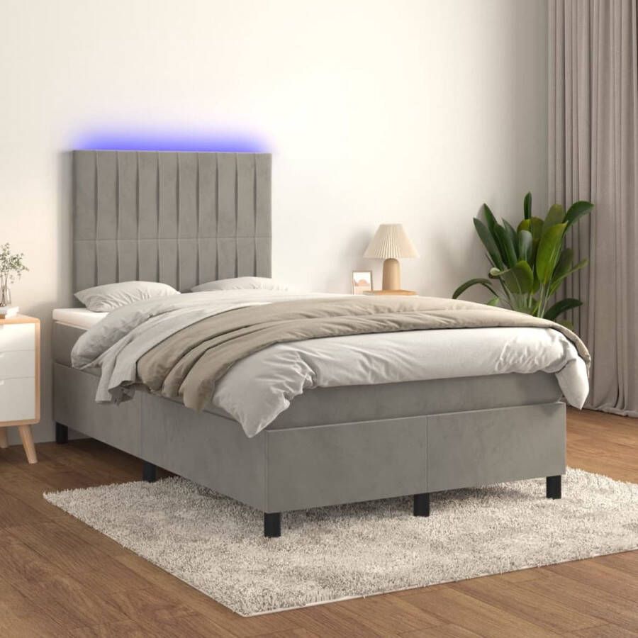 The Living Store Boxspring met matras en LED fluweel lichtgrijs 120x200 cm Boxspring Led Bed Velvet Bed Tweepersoonsbed King Size Bed