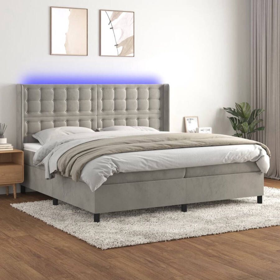 The Living Store Bed fluweel 203 x 203 x 118 128 cm LED pocketvering huidvriendelijk Boxspring Fluweel Bed Led Bed King Size Bed Tweepersoonsbed