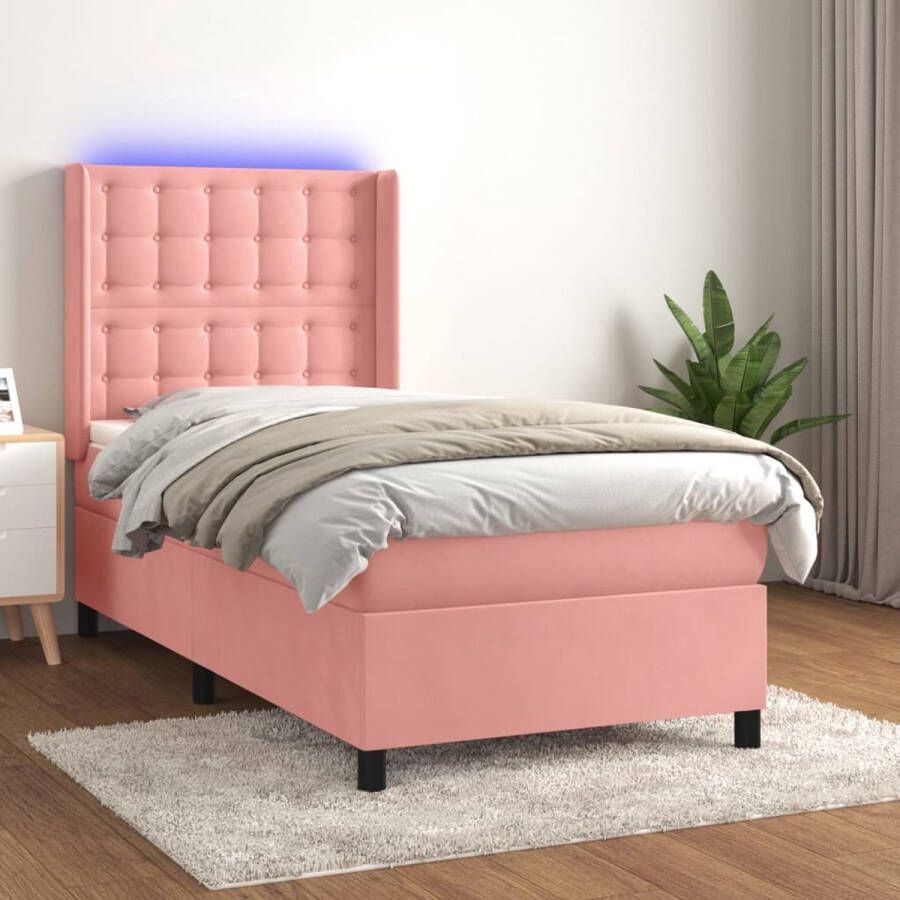 The Living Store Boxspring met matras en LED fluweel roze 100x200 cm Boxspring Fluweel Bed Rozerood Bed King Size Bed Tweepersoonsbed