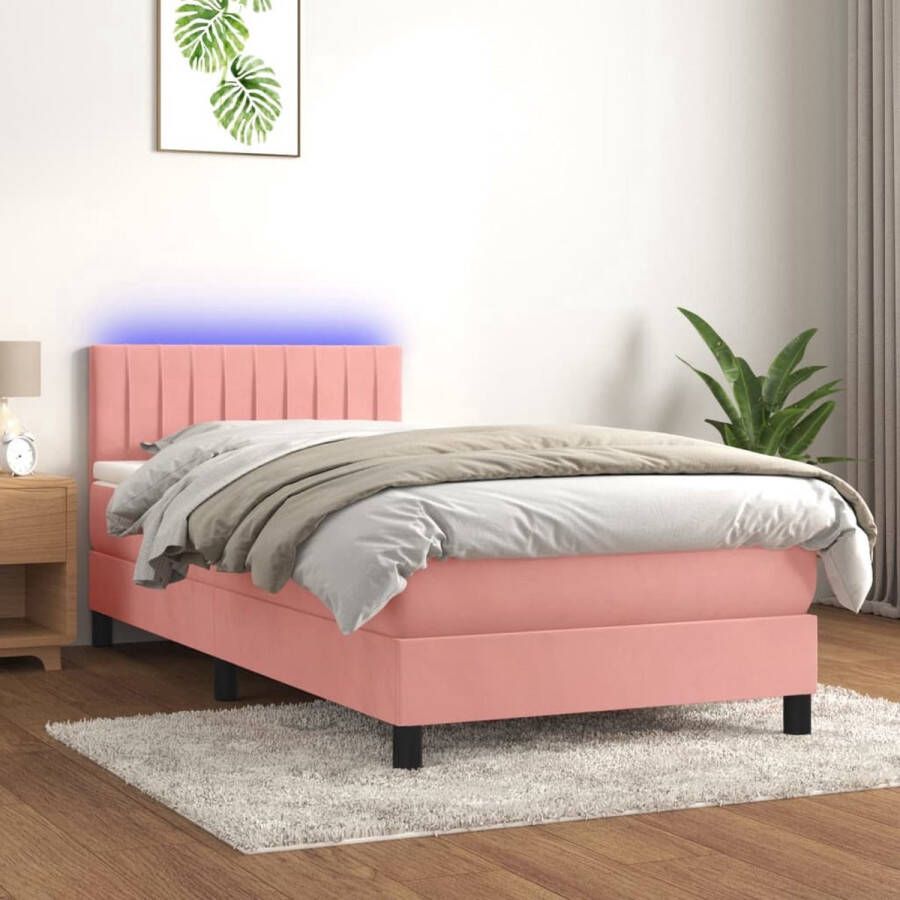 The Living Store Bed Fluweel Bedframe 203x90x78 88cm Pocketvering Matras 90x200x20cm Wit Roze Fluweel LED Strip