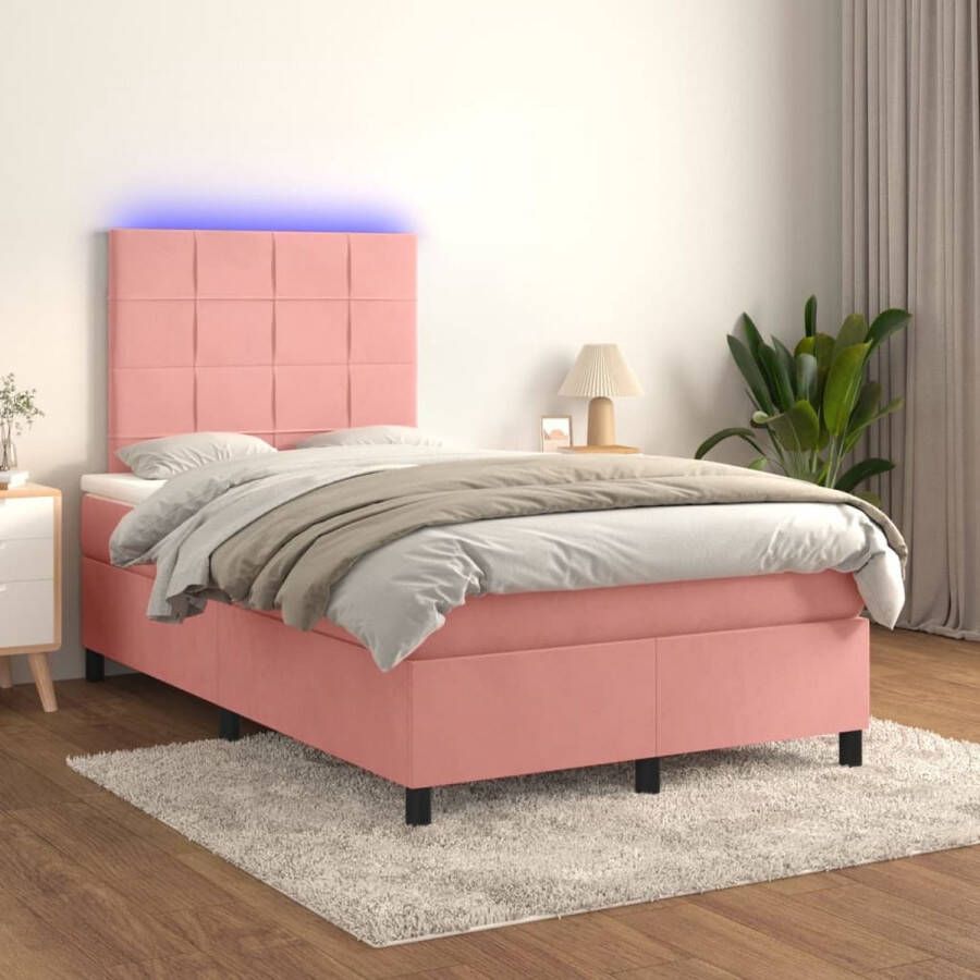 The Living Store Boxspring met matras en LED fluweel roze 120x200 cm Boxspring Led Bed Fluweel Bed Roze Bed Tweepersoonsbed