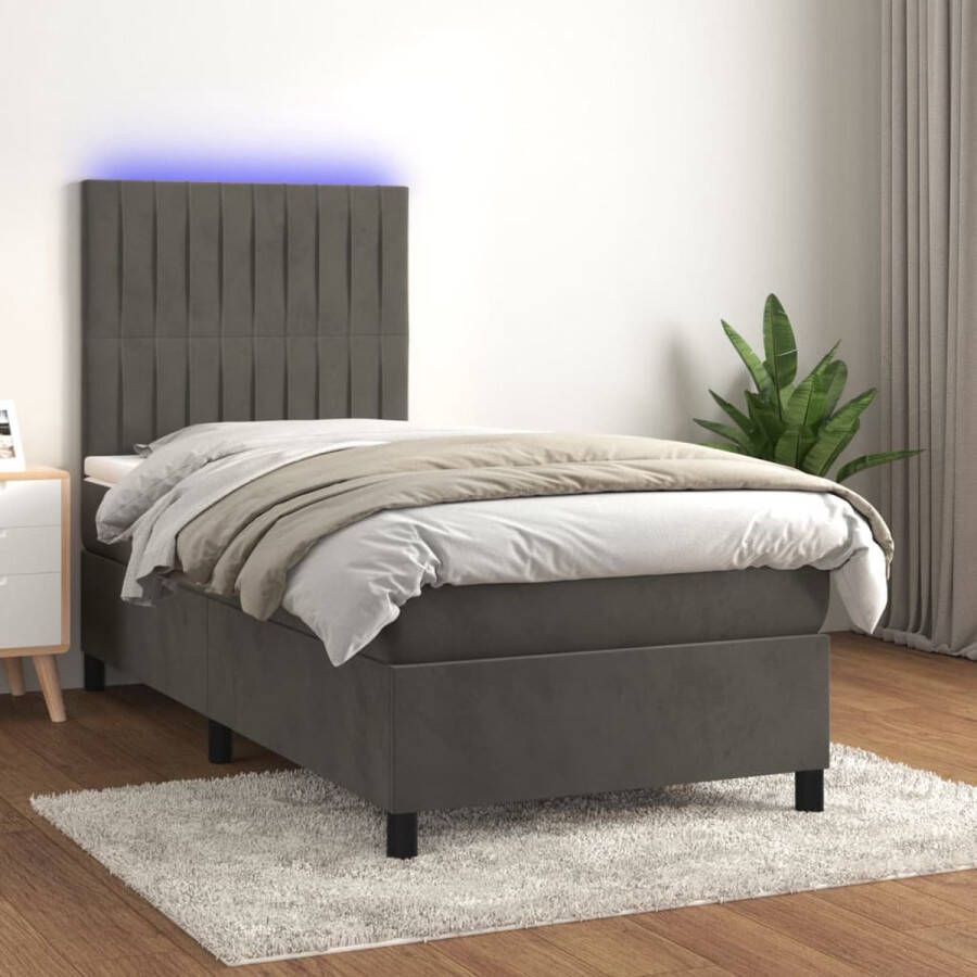 The Living Store Bed Fluweel Boxspring incl Matras en LED 203 x 80 x 118 128 cm Donkergrijs Boxspring Tweepersoonsbed Velvet Bed Donkere Kleuren Led Lamp