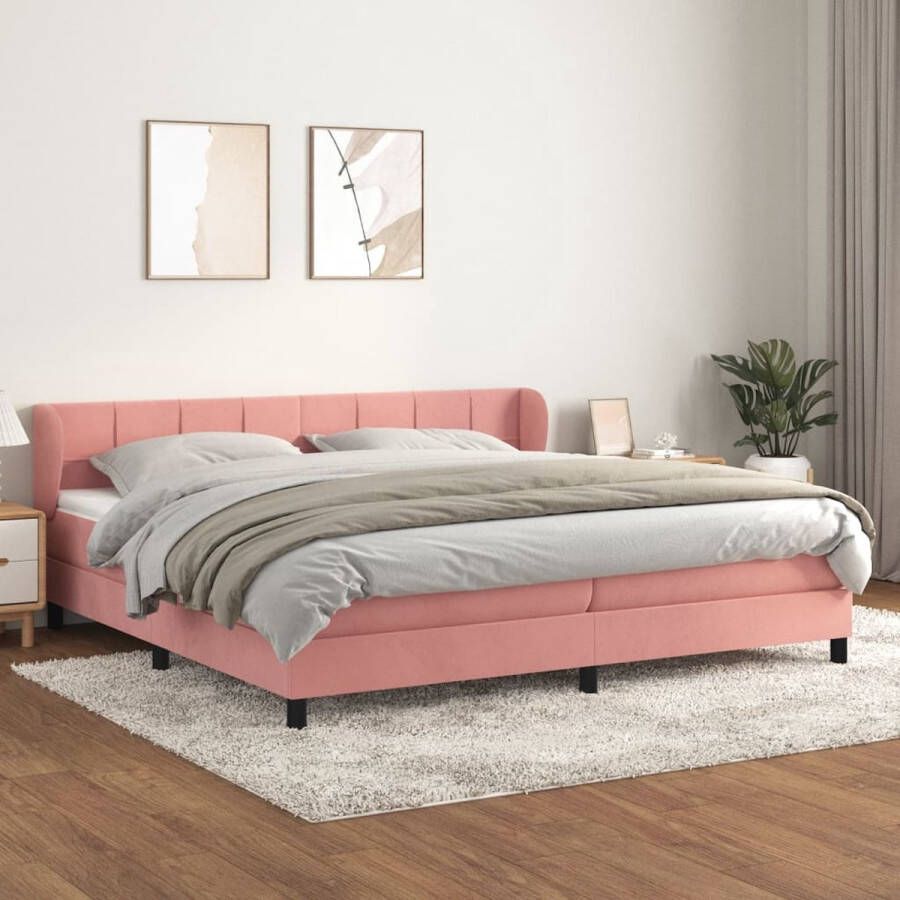 The Living Store Boxspringbed Zacht fluweel Praktisch hoofdbord Pocketvering matras Middelharde ondersteuning Huidvriendelijk topmatras Roze 203x203x78 88 cm
