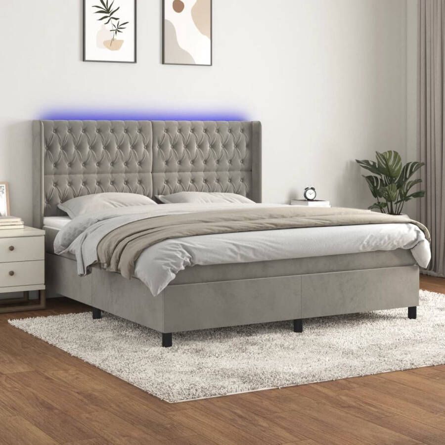 The Living Store Bed Fluweel Pocketvering LED 203 x 163 x 118 128 cm Lichtgrijs Boxspring Led Bed Velvet Bed Tweepersoonsbed King Size Bed