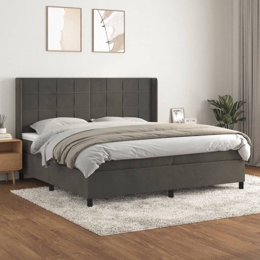 The Living Store Bed Fluweel Pocketvering Middelharde ondersteuning Donkergrijs 203x203x118 128 cm Boxspring Velvet Bed Donkere Kleuren Tweepersoonsbed Pocketed Spring Mattress