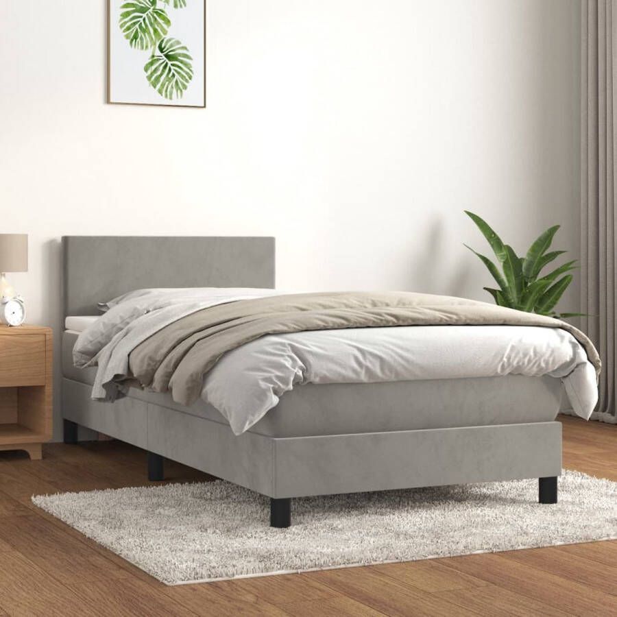 The Living Store Bed fluweel pocketvering middelharde ondersteuning lichtgrijs 203 x 90 x 78 88 cm inclusief matras en topmatras