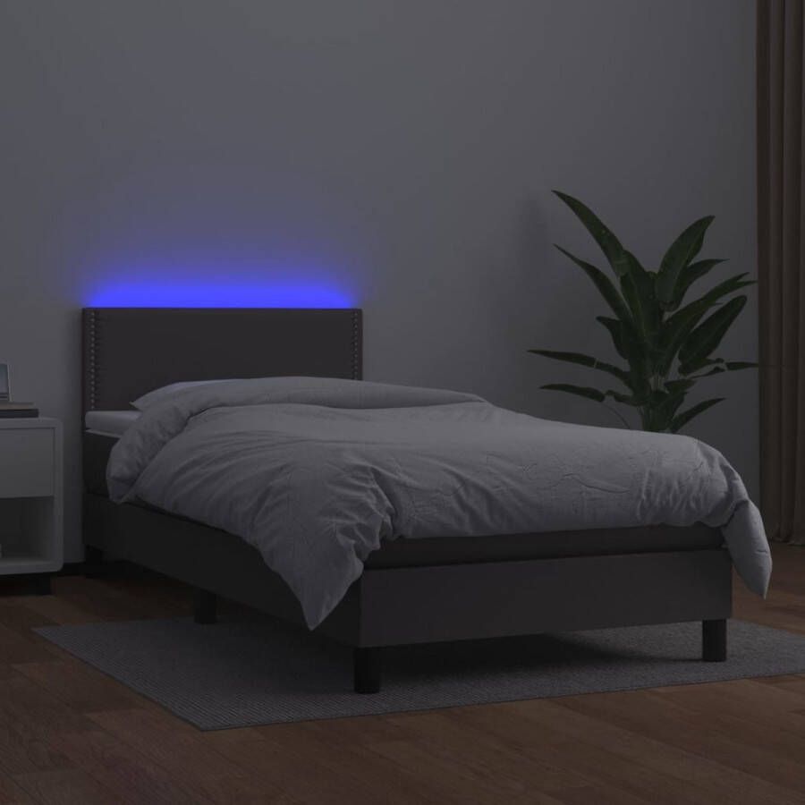 The Living Store Bed Frame Boxspring 90x200 Grijs Kunstleer LED