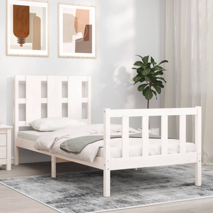 The Living Store Bedframe met hoofdbord massief hout wit 100x200 cm Bedframe Bedframes Bed Eenpersoonsbed Slaapkamermeubel Houten Bedframe Houten Bed Bedbodem Massief Houten Bedframe Ledikant Bedframe Met Hoofdeinde - Foto 2