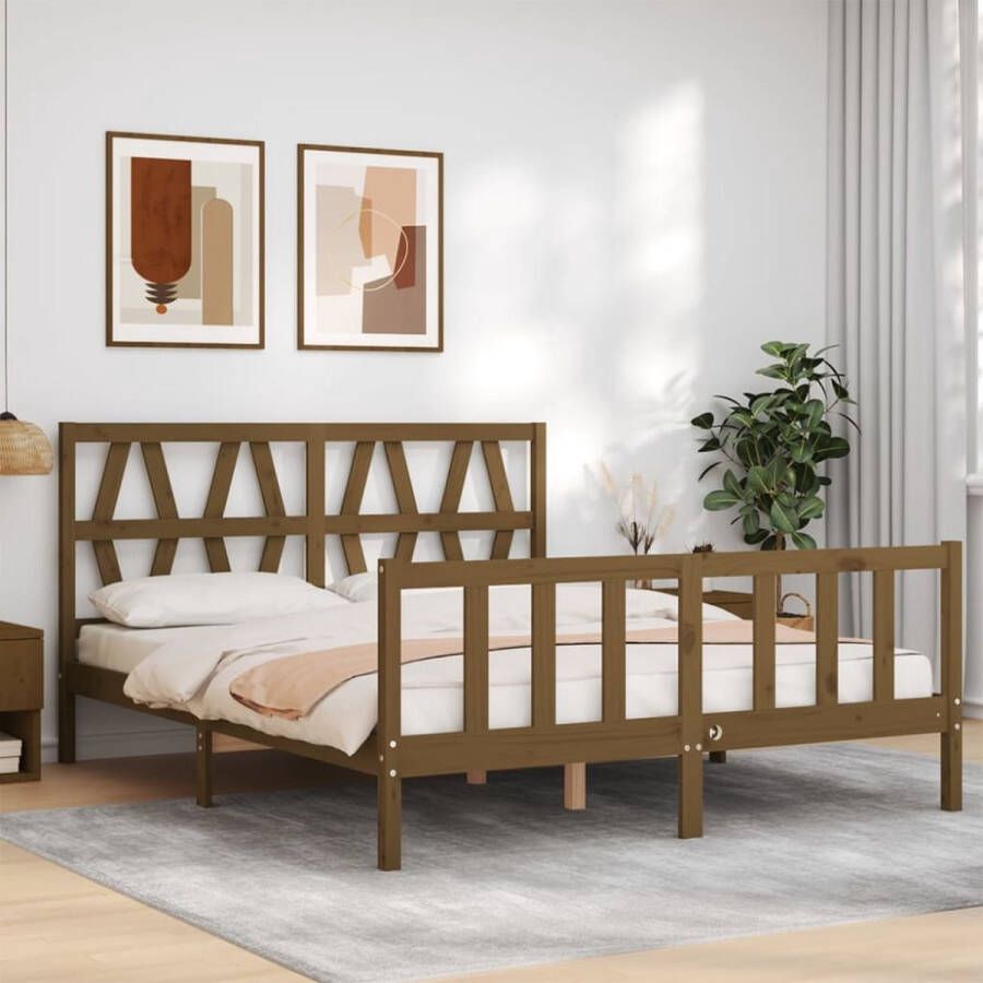 The Living Store Bedframe met hoofdbord hout honingbruin 160x200 cm Bedframe Bedframes Bed Tweepersoonsbed Slaapkamermeubel Houten Bedframe Houten Bed Bedbodem Massief Houten Bedframe Ledikant Bedframe Met Hoofdeinde - Foto 5