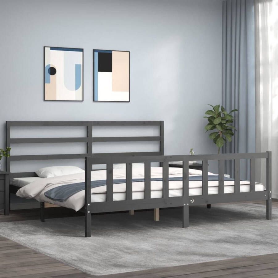The Living Store Massief grenenhouten bedframe grijs 205.5 x 205.5 x 100 cm multiplex lattenbodem functioneel hoofd- en voeteneinde matras niet inbegrepen Massief Hout Bed Grenenhout Bed Grijs Bed Tweepersoons Bed Boxspring Frame - Foto 4