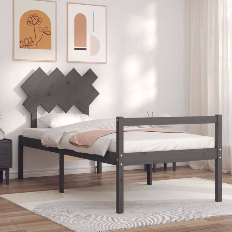 The Living Store Bedframe met hoofdbord massief hout grijs 90x200 cm Bedframe Bedframes Bed Eenpersoonsbed Slaapkamermeubel Houten Bedframe Houten Bed Bedbodem Massief Houten Bedframe Ledikant Bedframe Met Hoofdeinde - Foto 3
