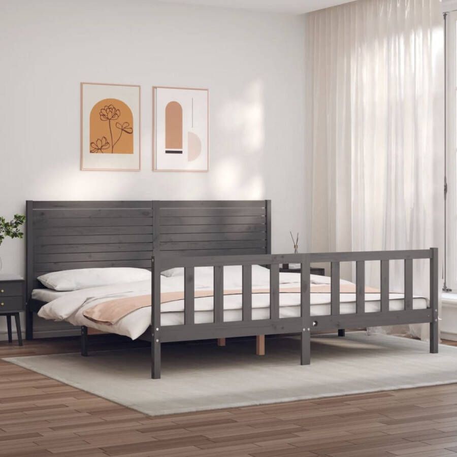 The Living Store Bedframe met hoofdbord massief hout grijs 200x200 cm Bedframe Bedframes Bed Tweepersoonsbed Slaapkamermeubel Houten Bedframe Houten Bed Bedbodem Massief Houten Bedframe Ledikant Bedframe Met Hoofdeinde - Foto 5