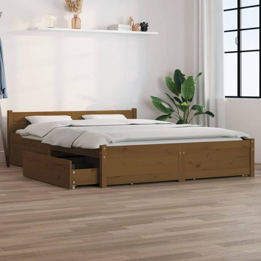 The Living Store Bed grenenhout 120x200 honingbruin opbergfunctie comfortabel hoofdeinde