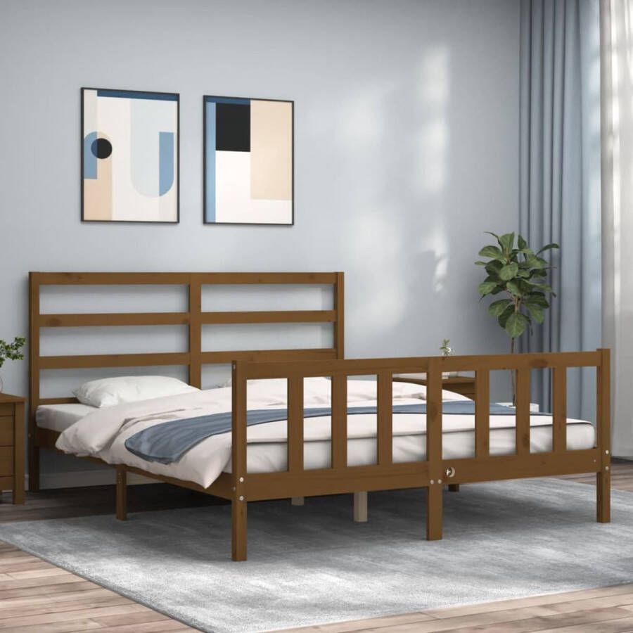 The Living Store Bed Grenenhout Massief Multiplex lattenbodem Functioneel hoofd- en voeteneinde Honingbruin 205.5x165.5x100cm