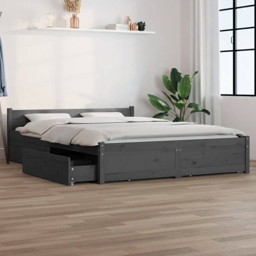 The Living Store Bed Grenenhout Opbergfunctie Comfortabel hoofdeinde 195.5 x 145.5 x 51 cm Grijs