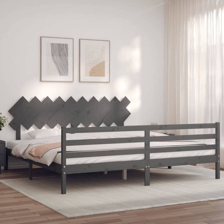 The Living Store Bedframe met hoofdbord massief hout grijs 200x200 cm Bedframe Bedframes Bed Tweepersoonsbed Slaapkamermeubel Houten Bedframe Houten Bed Bedbodem Massief Houten Bedframe Ledikant Bedframe Met Hoofdeinde - Foto 2