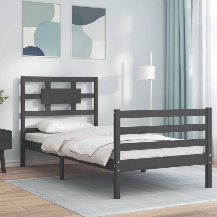 The Living Store Bedframe met hoofdbord massief hout grijs 90x200 cm Bedframe Bedframes Bed Eenpersoonsbed Slaapkamermeubel Houten Bedframe Houten Bed Bedbodem Massief Houten Bedframe Ledikant Bedframe Met Hoofdeinde - Foto 6