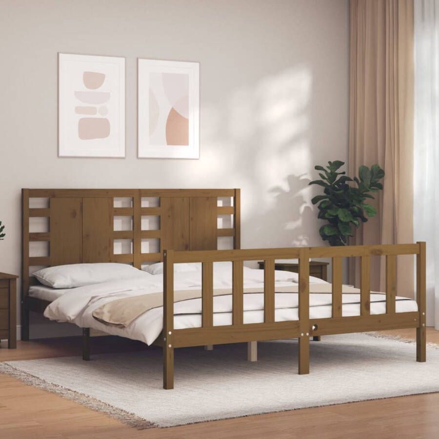 The Living Store Bedframe met hoofdbord massief hout honingbruin 5FT King Size Bedframe Bedframes Bed Tweepersoonsbed Slaapkamermeubel Houten Bedframe Houten Bed Bedbodem Massief Houten Bedframe Ledikant Bedframe Met Hoofdeinde - Foto 3