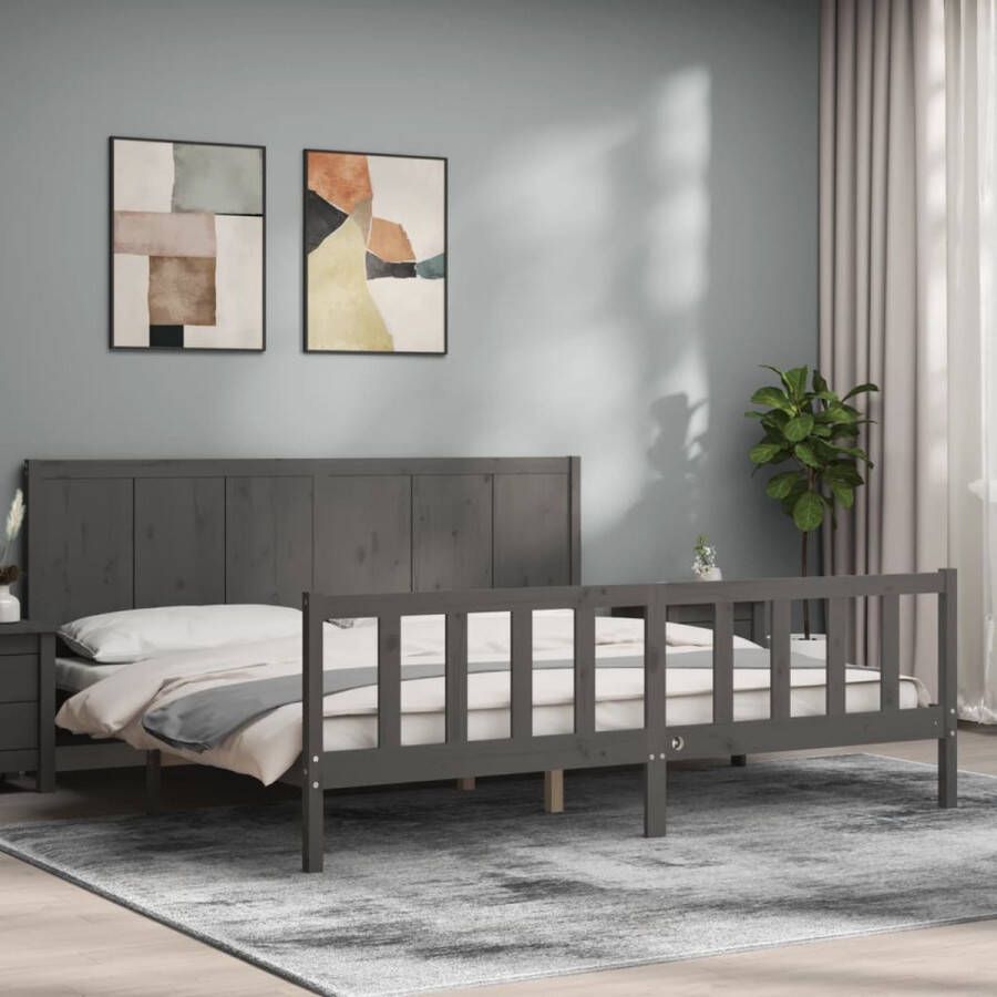 The Living Store Bedframe met hoofdbord massief hout grijs 200x200 cm Bedframe Bedframes Bed Tweepersoonsbed Slaapkamermeubel Houten Bedframe Houten Bed Bedbodem Massief Houten Bedframe Ledikant Bedframe Met Hoofdeinde - Foto 3