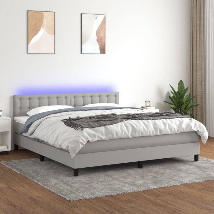 The Living Store Bed LED boxspring 160x200 lichtgrijs pocketvering matras huidvriendelijk topmatras