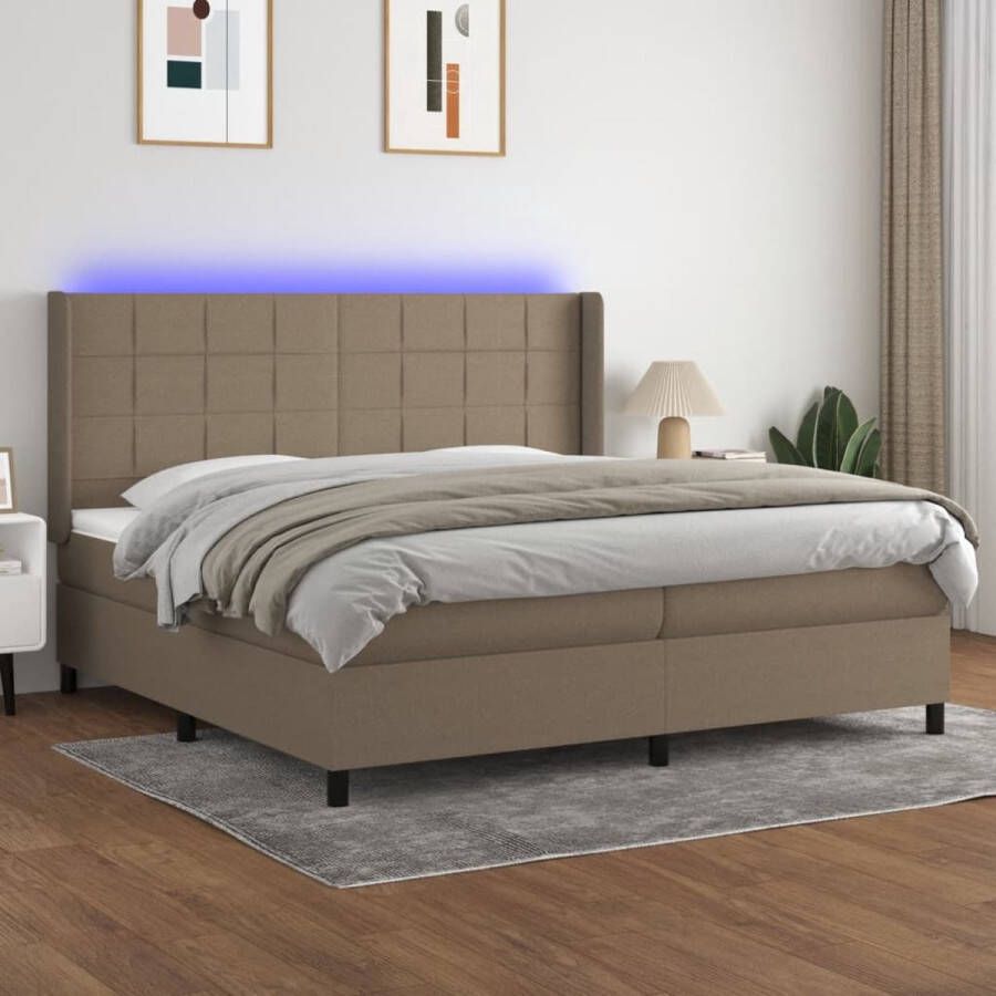 The Living Store Bed LED Boxspring 203x203x118 128 cm Taupe Pocketvering Matras Huidvriendelijk Topmatras Kleurrijke LED-verlichting