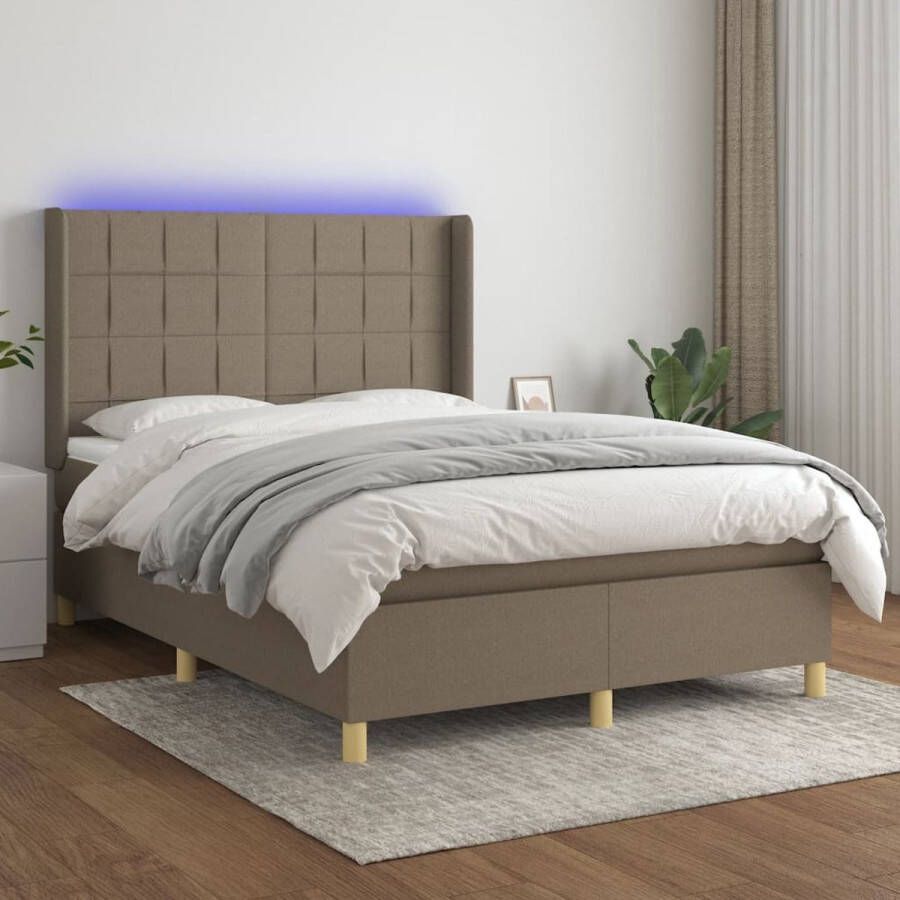VidaXL Boxspring met matras en LED stof taupe 140x190 cm Boxspring Led Bed Pocketveer Matras Taupecolor Tweepersoonsbed