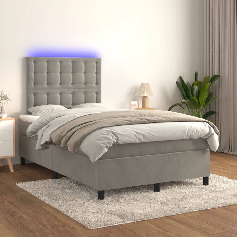 The Living Store Boxspring met matras en LED fluweel lichtgrijs 120x200 cm Boxspring Tweepersoonsbed Led Lamp Velvet Bed Grijs Bed