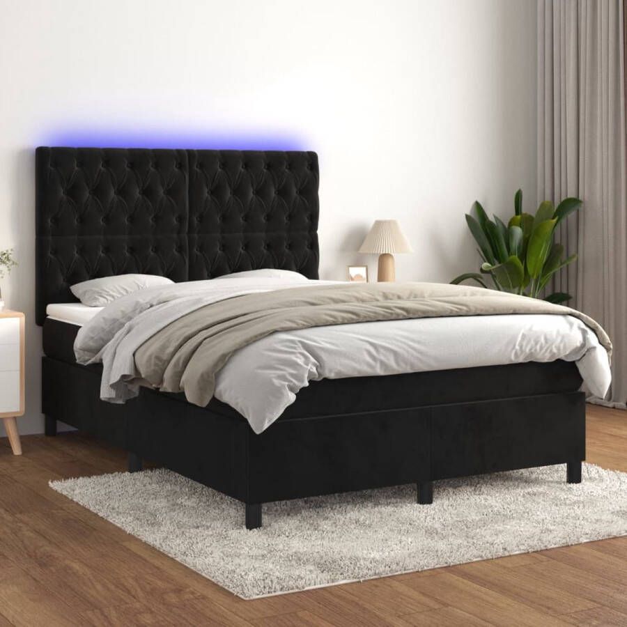The Living Store Bed Lucca Boxspring zwart fluweel 193x144cm verstelbaar hoofdbord LED-verlichting pocketvering matras huidvriendelijk topmatras