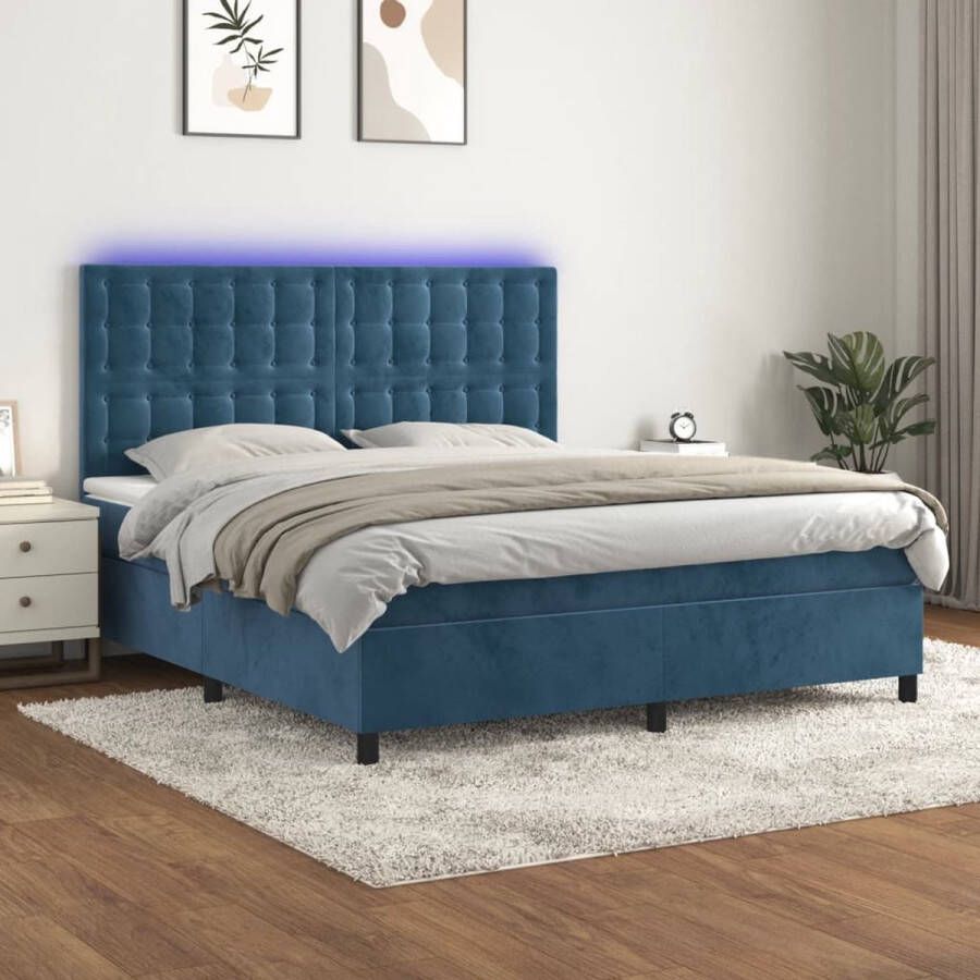 The Living Store Bed Luxe Boxspring met LED 160x200 cm Donkerblauw fluweel