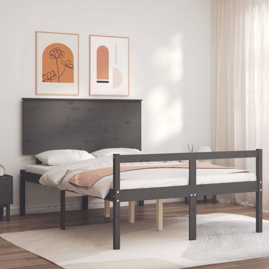 The Living Store Bedframe met hoofdbord massief hout grijs 140x190 cm Bedframe Bedframes Bed Tweepersoonsbed Slaapkamermeubel Houten Bedframe Houten Bed Bedbodem Massief Houten Bedframe Ledikant Bedframe Met Hoofdeinde