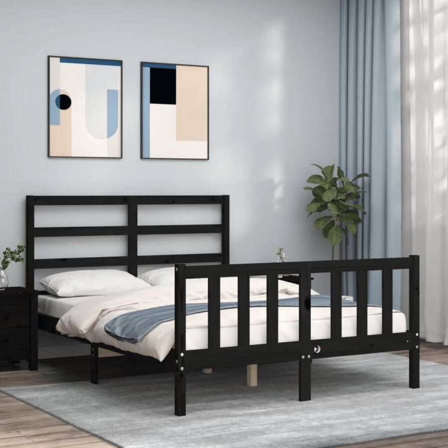 The Living Store Bedframe met hoofdbord massief hout zwart 140x200 cm Bedframe Bedframes Bed Tweepersoonsbed Slaapkamermeubel Houten Bedframe Houten Bed Bedbodem Massief Houten Bedframe Ledikant Bedframe Met Hoofdeinde - Foto 2