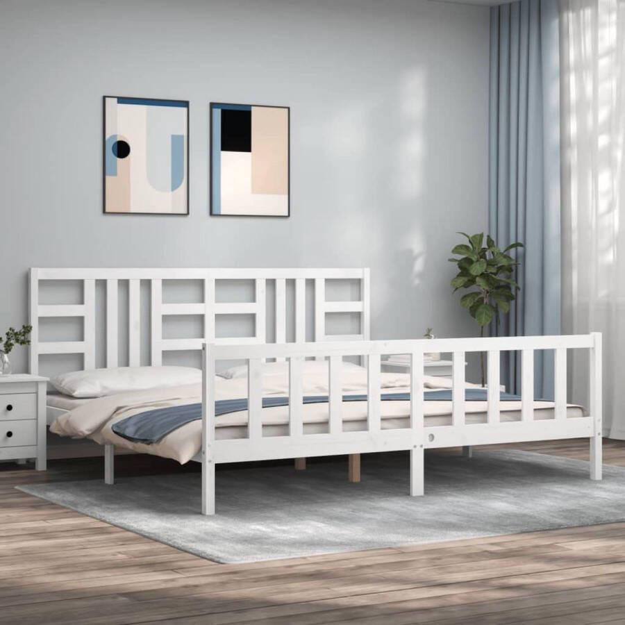 The Living Store Bedframe met hoofdbord massief hout wit 200x200 cm Bedframe Bedframes Bed Tweepersoonsbed Slaapkamermeubel Houten Bedframe Houten Bed Bedbodem Massief Houten Bedframe Ledikant Bedframe Met Hoofdeinde - Foto 2