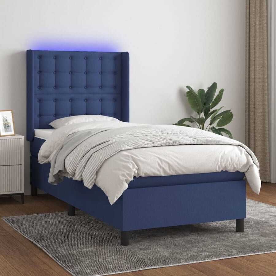 The Living Store Boxspring met matras en LED stof blauw 90x200 cm Boxspring Boxsprings Bed Slaapmeubel Boxspringbed Boxspring Bed Tweepersoonsbed Bed Met Matras Bedframe Ledikant Bed Met LED