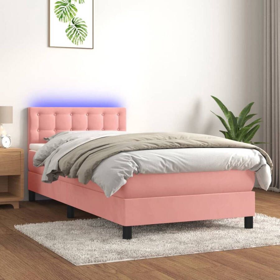 The Living Store Bed Roze Fluweel 203x100x78 88 cm LED Pocketvering Huidvriendelijk Boxspring Rozenkleurig Velvet Led Lamp Tweepersoonsbed