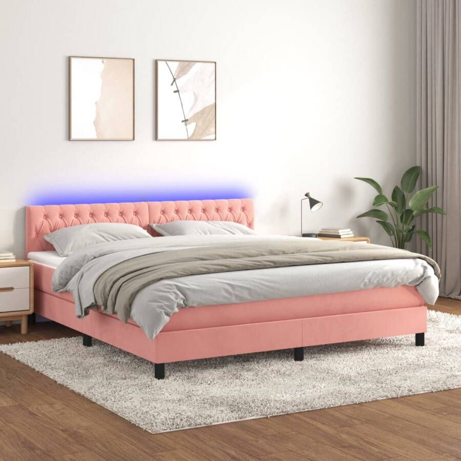 The Living Store Bed Roze Fluweel 203x180x78 88 cm Pocketvering Matras Huidvriendelijk Topmatras Kleurrijke LED-verlichting