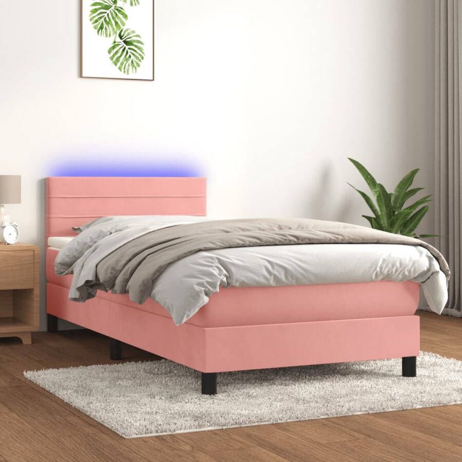 The Living Store Bed Roze fluweel 203x90x78 88cm Pocketvering LED-verlichting Roze Boxspring Velvet Bed Led Lampje In Bed Pocketed Spring Mattress King Size Bed