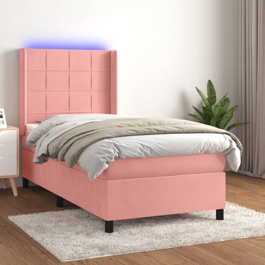 The Living Store Bed Roze Fluweel 203x93x118 128 cm Verstelbaar hoofdbord LED verlichting Pocketvering matras Huidvriendelijk topmatras