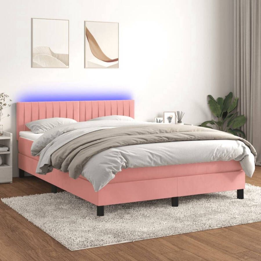 The Living Store Bed Roze Fluweel Boxspring 140x200 LED Verlichting+Matras - Foto 1